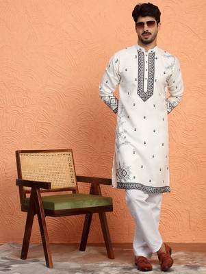 Cotton yoke design embroidered cream kurta with trouser pant 1
