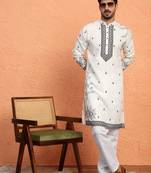 Cotton yoke design embroidered cream kurta with trouser pant