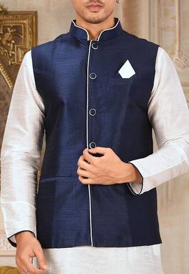 Navy blue dupon art silk kurta, jacket with matching churidar 2