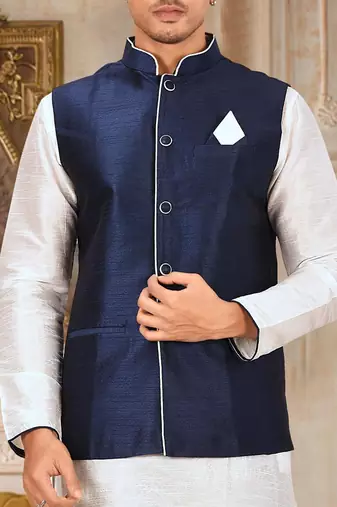 Navy blue dupon art silk kurta, jacket with matching churidar