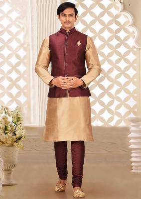 Mahroon dupon art silk kurta, jacket with matching churidar 1