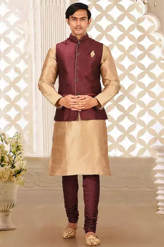 Mahroon dupon art silk kurta, jacket with matching churidar