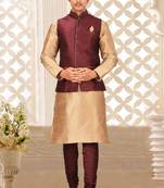 Mahroon dupon art silk kurta, jacket with matching churidar