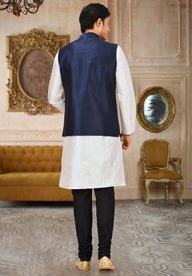 Navy blue dupon art silk kurta, jacket with matching churidar 3