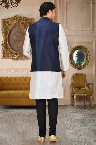 Navy blue dupon art silk kurta, jacket with matching churidar