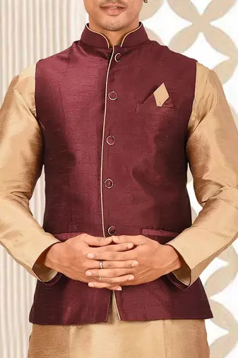 Mahroon dupon art silk kurta, jacket with matching churidar