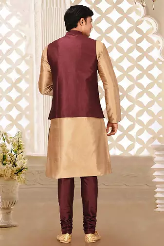 Mahroon dupon art silk kurta, jacket with matching churidar