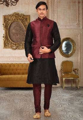 Mahroon dupon art silk kurta, jacket with matching churidar 1