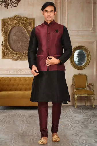 Mahroon dupon art silk kurta, jacket with matching churidar
