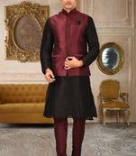 Mahroon dupon art silk kurta, jacket with matching churidar