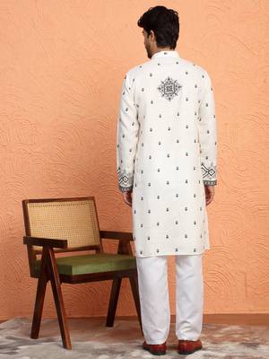 Cotton yoke design embroidered cream kurta with trouser pant 3