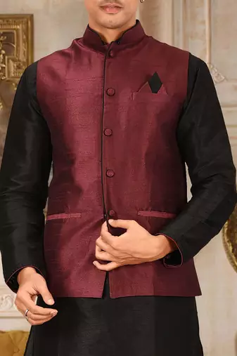 Mahroon dupon art silk kurta, jacket with matching churidar