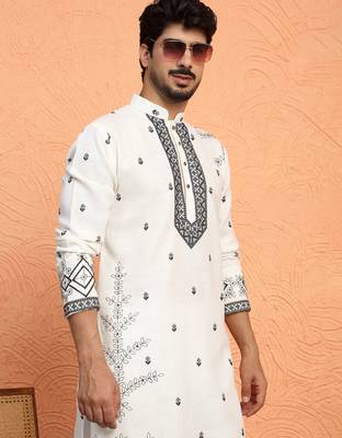 Cotton yoke design embroidered cream kurta with trouser pant 4