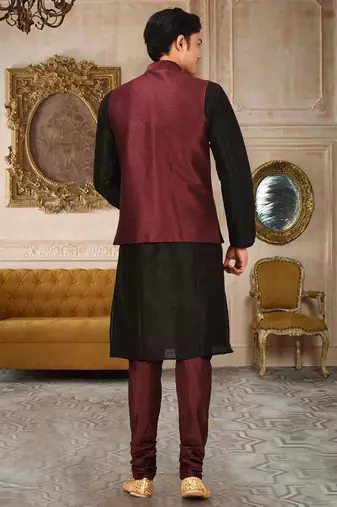 Mahroon dupon art silk kurta, jacket with matching churidar