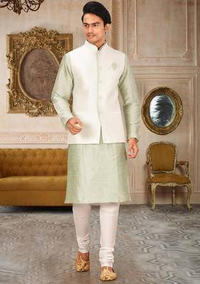 Cream dupon art silk kurta, jacket with matching churidar 1