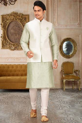 Cream dupon art silk kurta, jacket with matching churidar