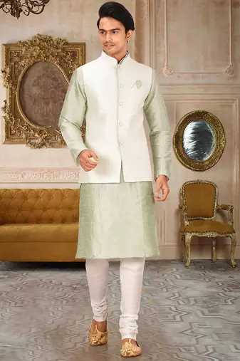 Cream dupon art silk kurta, jacket with matching churidar