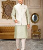 Cream dupon art silk kurta, jacket with matching churidar
