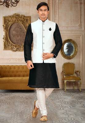 White dupon art silk kurta, jacket with matching churidar 1