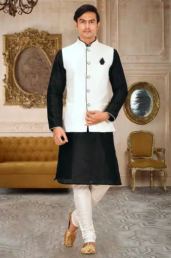 White dupon art silk kurta, jacket with matching churidar