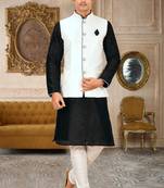 White dupon art silk kurta, jacket with matching churidar
