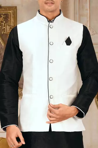 White dupon art silk kurta, jacket with matching churidar