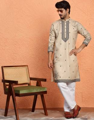 Cotton yoke design embroidered beige kurta with trouser pant 1