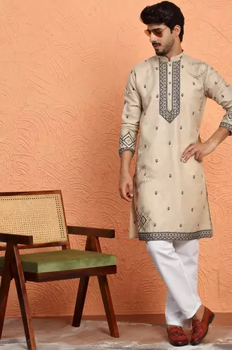 Cotton yoke design embroidered beige kurta with trouser pant