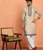 Cotton yoke design embroidered beige kurta with trouser pant
