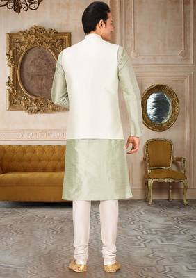 Cream dupon art silk kurta, jacket with matching churidar 3