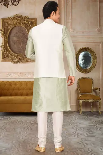 Cream dupon art silk kurta, jacket with matching churidar