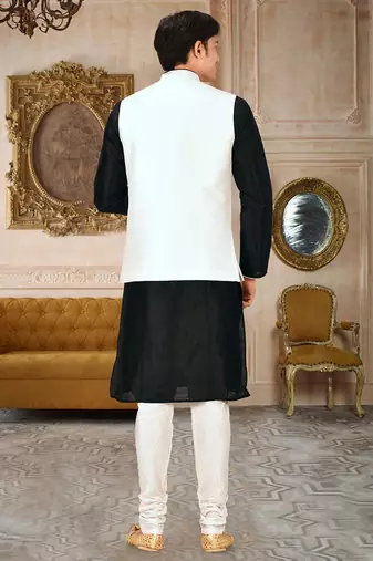 White dupon art silk kurta, jacket with matching churidar