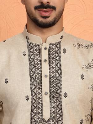 Cotton yoke design embroidered beige kurta with trouser pant 2
