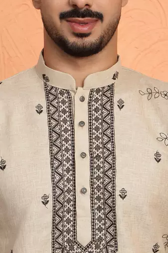 Cotton yoke design embroidered beige kurta with trouser pant
