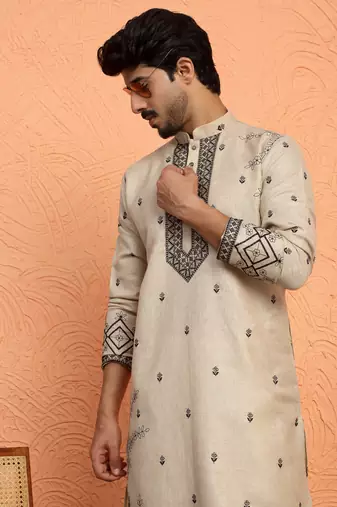 Cotton yoke design embroidered beige kurta with trouser pant