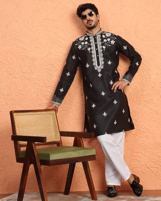 Cotton yoke design embroidered black kurta with trouser pant 1