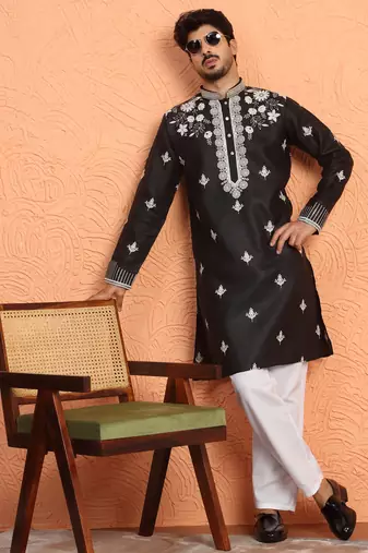 Cotton yoke design embroidered black kurta with trouser pant