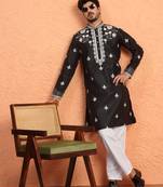 Cotton yoke design embroidered black kurta with trouser pant
