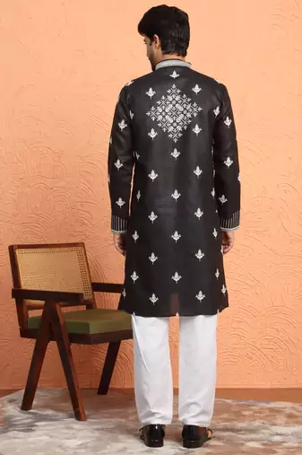 Cotton yoke design embroidered black kurta with trouser pant