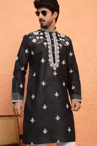 Cotton yoke design embroidered black kurta with trouser pant