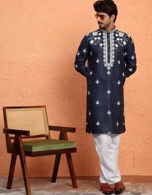 Cotton yoke design embroidered blue kurta with trouser pant 1