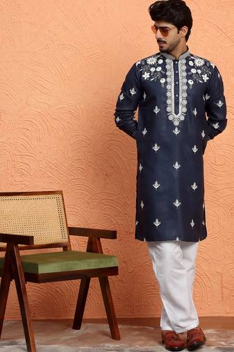 Cotton yoke design embroidered blue kurta with trouser pant