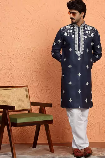 Cotton yoke design embroidered blue kurta with trouser pant