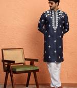 Cotton yoke design embroidered blue kurta with trouser pant