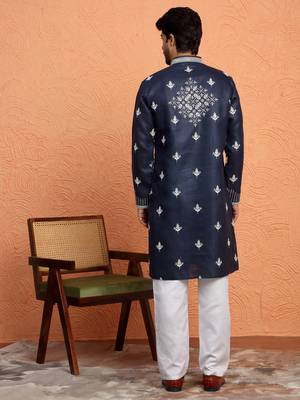 Cotton yoke design embroidered blue kurta with trouser pant 3
