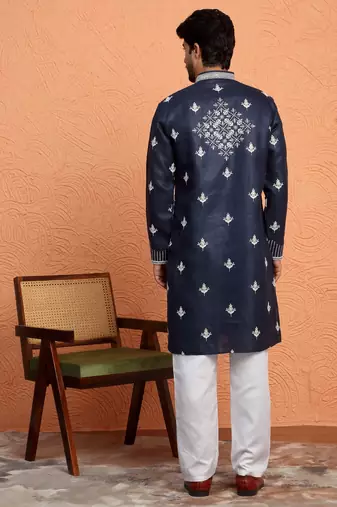 Cotton yoke design embroidered blue kurta with trouser pant