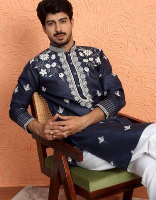 Cotton yoke design embroidered blue kurta with trouser pant 4