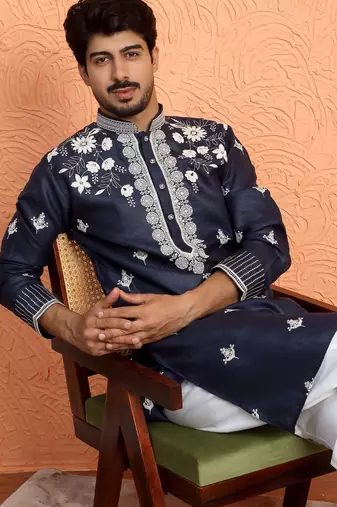 Cotton yoke design embroidered blue kurta with trouser pant
