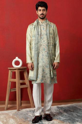 Silk floral printed blue kurta and trouser pant with duppatta