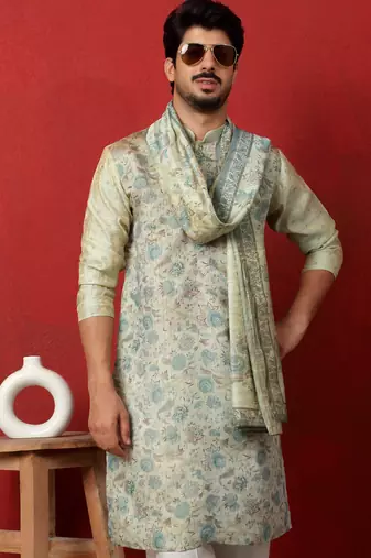 Silk floral printed blue kurta and trouser pant with duppatta
